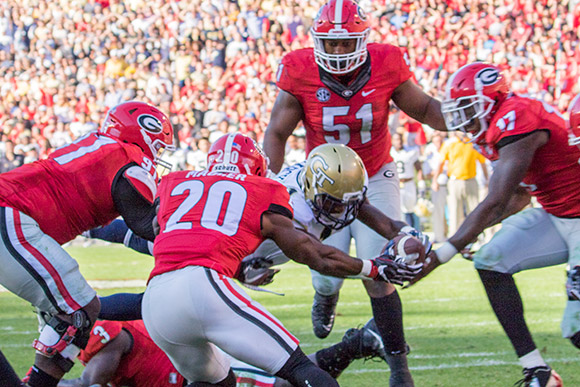 Redshirt Sophomore Qua Searcy (#1) dives into the end zone for the winning touchdown to help Georgia Tech defeat Georgia in Athens
